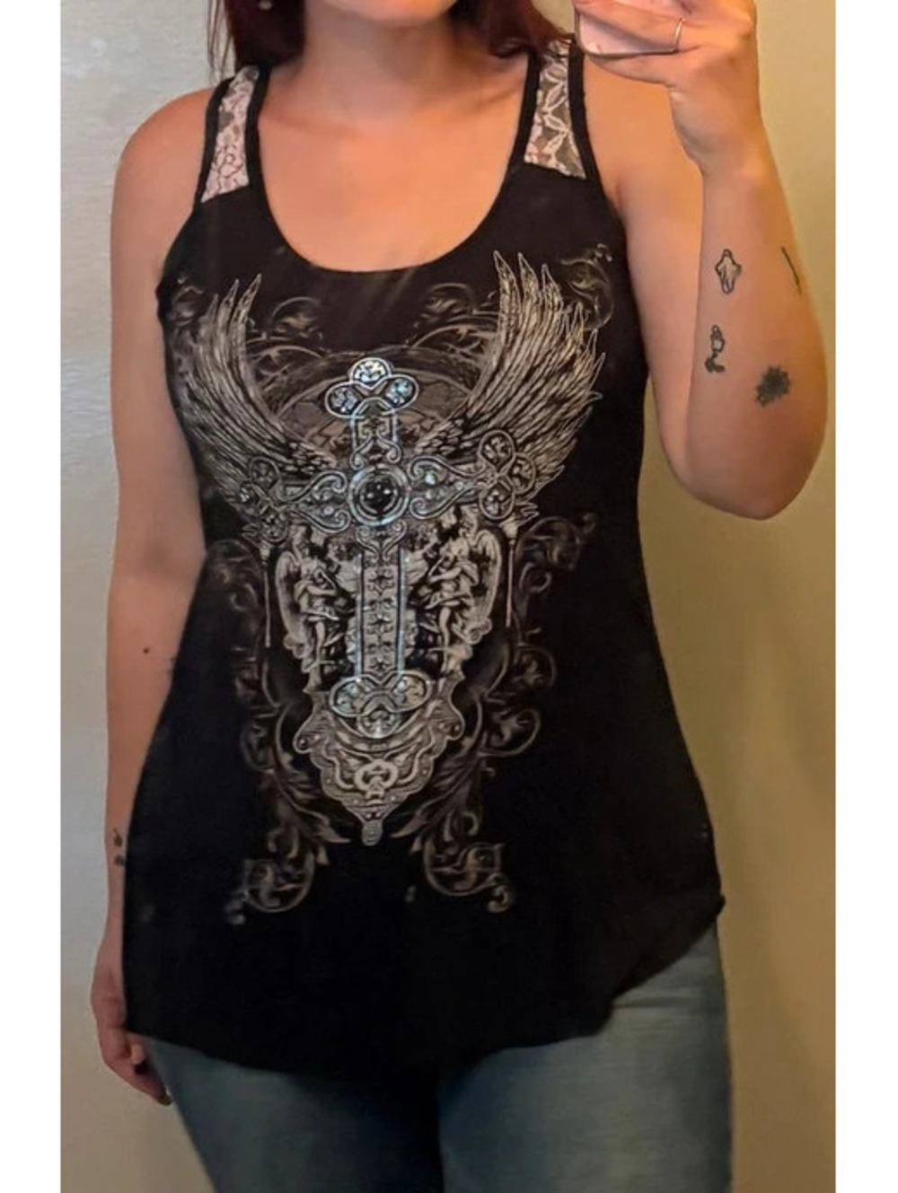 Black and Silver Grunge Alternative Y2K Tank with Cross and Wings